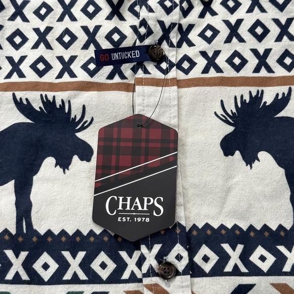 Chaps Men's S Moose Western Aztec Button Down Shirt Oatmeal Cotton Go Untucked - Picture 2 of 12